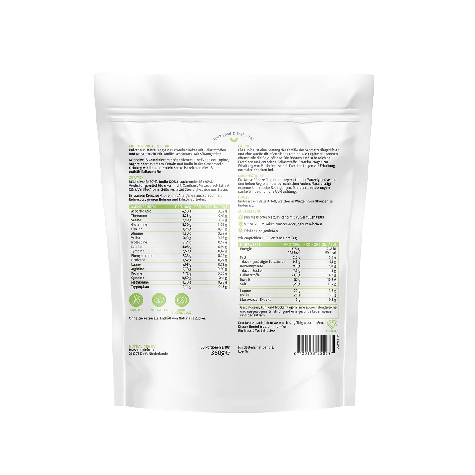 NutraLupinen Lupinen Shake Vanille Rückseite