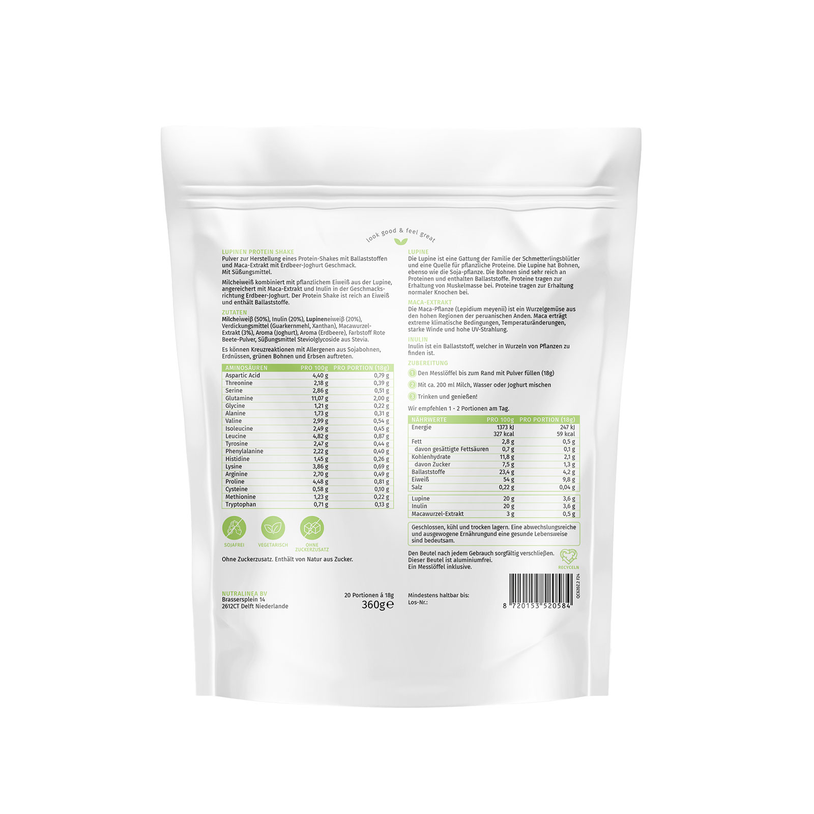 NutraLinea Lupinen Shake Erdbeere Rückseite NutraLinea Lupinen Shake Erdbeere Rückseite